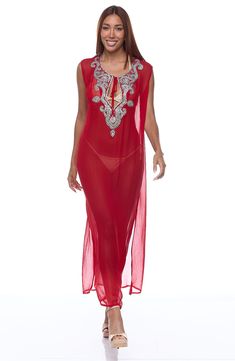 Dazzling embellishments glint and gleam along the plunging V-neckline of this sheer cover-up dress that is sure to make a sun-soaking statement. V-neck with ties Sleeveless 100% viscose Dry clean Imported Sheer Cover Up, Leggings And Socks, Concert Looks, Daytime Dresses, Suit Shop, Cover Up Dress, Short Rompers, Dress Romper, Girls Accessories