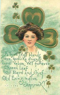 an old st patrick's day card with a girl in shamrocks on it