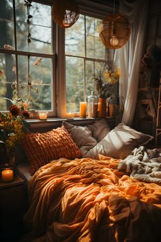 a bedroom with a bed in the middle, with an orange blanket, very warm colors mostly orange and yellow, flowers and candles around. Sunlit fall day, clean and classy, magazine worthy bedroom. Autumn Bedroom Ideas Cozy, Fall Decor Witchy, Bedroom Inspo Autumn, Autumn Color Bedroom Ideas, Cozy Bedroom Aesthetic Autumn, Orange Cozy Bedroom, Hufflepuff Interior Design, Boho Fall Bedroom Decor, Fall Decoration Bedroom