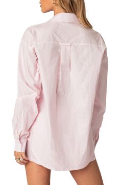 Perfectly pink pinstripes sail down a pure-cotton button-up blouse completed by a curved high-low hem. Spread collar Long sleeves with one-button cuffs 100% cotton Machine wash, line dry Imported Pinstripe Cotton Button-up Blouse, Striped Top With Placket For Daywear, Spring Pinstripe Button-up Blouse, Striped Collar Shirttail Hem Top, Pinstripe Shirt Outfit, Linen Shirt Outfit Women, Pink Button Up Shirt, Linen Shirt Outfit, Blouse Nordstrom