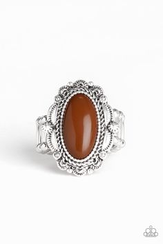 An oval brown bead is pressed into the center of an ornately scalloped silver frame, adding a majestic pop of color to any outfit. Features a stretchy band for a flexible fit. Sold as one individual ring. P4WH-BNXX-116XX Brown Ring, Paparazzi Accessories Jewelry, Brown Rings, Stretch Ring, Jewelry Post, Paparazzi Accessories, Inspired Jewelry, Affordable Jewelry, Paparazzi Jewelry