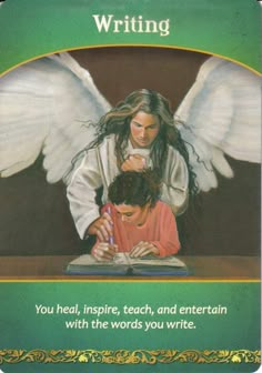 an angel writing on top of a desk next to a young boy with long hair