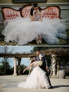 the bride and groom are posing for pictures in front of an old couch with tulle skirt