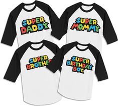 "Personalized Mario Brothers 3/4 sleeve shirts To place your order choose ◼︎Print: Super Daddy Super Mommy Super Birthday Boy Super Brother Super Sister Personalized \"Super \" ◼︎Size: We have all sizes available for the whole family Adult shirts with black sleeves run unisex so suggested for women to go down a size if a more fitted look is wanted. 3-6 months 6-12 months 12-18 months 2 kids 4 kids 6 kids 8 youth 10 youth 12 youth XS -Unisex S - Unisex M- Unisex L - Unisex XL - Unisex XXL - Unise Luigi Party, Nintendo Birthday Party, Luigi Birthday, Mario Brothers Birthday Party, Mario Kart Party, Mario Bros Birthday Party Ideas, Super Mario Bros Birthday Party, Mario Y Luigi, Mario E Luigi