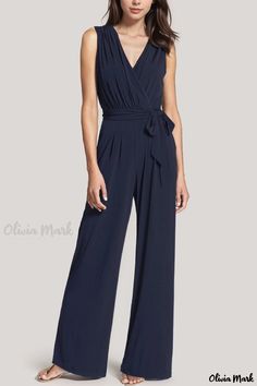 Olivia Mark - Sleeveless Wide-Leg Jumpsuit with V-Neck - Contemporary One-Piece Trousers Blue V-neck Jumpsuits And Rompers For Work, Elegant Blue V-neck Jumpsuits And Rompers, Elegant Blue Sleeveless Jumpsuits And Rompers, Jumpsuit Elegant, Long Trousers, Pant Length, Wide Leg Jumpsuit, Olivia Mark, Wide Leg Trousers