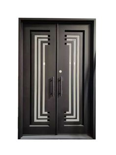 an image of two black doors with white stripes on the front and side panels,