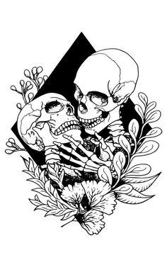 two skulls with flowers and leaves in their hands, one is holding the other's head