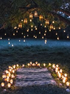 candles are arranged in the shape of a heart on a blanket under a large tree