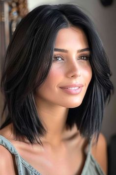 Layers Shoulder Length Hair Straight, Layers For Short Length Hair Straight, Mid Length Dark Hairstyles, Black Short Hairstyle Women, Straight Textured Long Bob, Haircuts For Straight Hair Medium Short, Shoulder Length Hair Styles Straight, Short Hairstyles For Black Hair, Short Black Hair With Face Framing