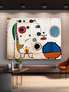 an abstract painting is hanging on the wall in a modern living room with orange chairs