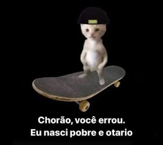 a cat sitting on top of a skateboard with the caption'chora, voce errouu eu nassici pore o otrio