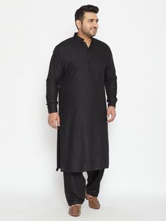 Vastramay Mens Plus Size Black Cotton Blend Pathani Set Full Sleeve Top, Black Bottom, Straight Kurta, Weave Pattern, Plus Size Black, Mens Plus Size, Hot Outfits, Formal Party, Top Fabric