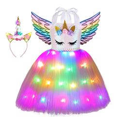 PRICES MAY VARY. Girls Unicorn Costume:Unicorn dress is very popular element fancy costume, Coupled with the design of rainbow LED lights,Set up excellent unicorn costumes for unicorn lovers, and your kids will be the best part of this amazing unicorn costume! Includes: 1 Unicorn rainbow LED light up dress+ 1 LED Light Up headband+1 Unicorn wings.(NOTE: Wings withnot lights,unicorn dress is not included battery,please purchase 3 x AAA batteries by yourself) Feels Soft: Made of superior quality p Girls Unicorn Costume, Light Up Tutu, Girl Unicorn Costume, Led Tutu, Halloween Tutu Dress, Colorful Wings, Halloween Led Lights, Birthday Party Outfit, Baby Costumes Girl