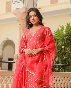 Kurta Pant Set Anarkali Style with Bandhej Modal - Coral - www.riafashions.com Diwali Maxi Length Kurta With Gota Work, Maxi Kurta With Sheer Dupatta For Navratri, Diwali Gota Work Maxi Length Kurta, Diwali Gota Work Kurta Maxi Length, Chanderi Sharara For Transitional Season, Maxi Length Kurta With Sheer Dupatta For Navratri, Festive Gota Work Palazzo Set Maxi Length, Eid Sharara With Dupatta Ankle-length, Eid Ankle-length Sharara With Dupatta