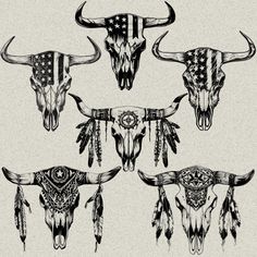 four bull skulls with american flags on their heads are shown in black and white ink