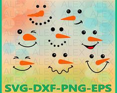 an image of a snowman with different expressions on it's face and the words svg - dxf - png - eps