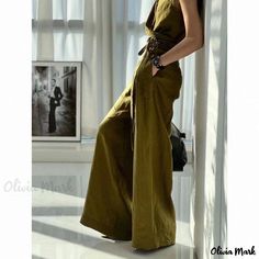 Olivia Mark - Chic Military Green Vest with Button Closure and Wide Leg Pants Set Casual Wide Leg Pants With Button Closure, Full Length, Chic Olive Summer Pants, Chic Olive High Waist Bottoms, Casual Olive Wide Leg Pants With Pockets, Chic Olive Bottoms For Spring, Khaki Wide Leg Pants With Button Closure, Chic Olive High-waisted Pants, Olive Pants For Summer Workwear, Casual Full Length Buttoned Pants