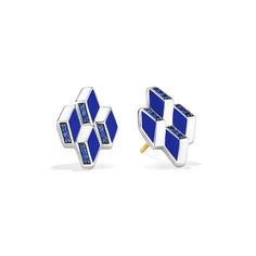 Odyssey Stud Earrings With Blue Sapphire Blue Polished Finish Earrings For Gift, Blue Sterling Silver Earrings With Polished Finish, Modern Blue Earrings For Anniversary, Blue Enamel Earrings For Anniversary, Luxury Blue Enamel Earrings, Black Rhodium, Timeless Pieces, Blue Sapphire, Everyday Wear