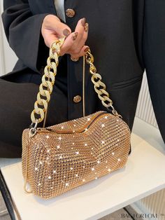 BagForLove - Stylish Rhinestone Mini Hobo Bag with Chain Glitter Detail Product Description Color Gold Details Rhinestone Strap Type Chain Bag Size Mini Style Minimalist Pattern Type Plain Closure Type Zipper Type Hobo Bag Material Glitter Composition 100% Polyester Size Chart INCH CM Bag Height Bag Length Bag Width Handle Height Strap Length 5.1 inch 7.9 inch 4.3 inch 7.9 inch 45.3 inch Bag Height Bag Length Bag Width Handle Height Strap Length 13 cm 20 cm 11 cm 20 cm 115 cm Details Pictures Si Rhinestone Crossbody Bag For Night Out, Glamorous Rhinestone Bags For Night Out, Sparkling Clutch For Night Out, Glamorous Sparkling Bags For Night Out, Trendy Evening Bags With Rhinestones, Trendy Rhinestone Bags For Party, Trendy Party Bags With Rhinestones, Glamorous Crossbody Bag With Rhinestones, Trendy Gold Bag For Night Out