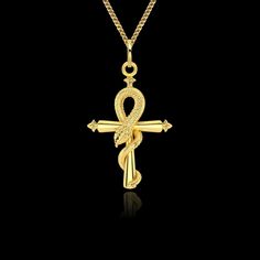 "P E N D A N T * D E T A I L S (Item currently in stock in 14K Yellow gold and ready for same-day shipping) This Pendant is made of Real SOLID gold. * Made in USA * Metal/purity: 14k, 18k gold * Finish: polished * Height: 1.5\" (38 mm) * Width: 1\" (26,7 mm) * Pendant weight (approx.): 5.5-6 grams in 14k * Bail: 8 mm (fits up to 4 mm chains) * Gender: unisex * This pendant is solid, not hollow in the back * Ships from Los Angeles C H A I N * O P T I O N * Chain style & thickness: 1.5mm chain * L Gold Ankh Necklace For Ceremonial Occasions, Gold Cross Necklace For Ceremonial Occasion, Ceremonial Ankh Amulet Necklace, Spiritual Ankh Necklace In Yellow Gold, Spiritual Ankh Necklace For Ceremonial Use, Elegant Ceremonial Cross Necklace, Yellow Gold Ankh Necklace, Gold Snake Necklace, Serpent Necklace