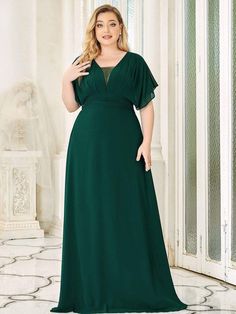 Plus Size Empire Waist Chiffon Formal Maxi Evening Dress #color_Dusty Navy Elegant Short Sleeve Chiffon Prom Dress, Chiffon V-neck Evening Dress For Prom, Elegant Flowy Evening Dress For Prom Season, Chiffon Party Dress With Empire Waist, Chiffon Dress With Empire Waist For Party, Chiffon Evening Dress With Short Sleeves, V-neck Chiffon Evening Dress For Prom, Chiffon Maxi Dress With Empire Waist For Party, Prom Season Chiffon Maxi Evening Dress