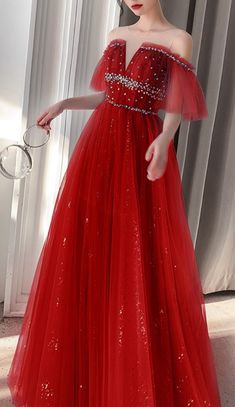 Red V Neck Ruffled Lace Sequined Beaded Sparkly Long Evening Gown, Prom Gown. This gown is perfect for balls and formal evenings. The features of this gown are the following: two layers of fabric, off shoulder, red color. This gown is of great quality. You will receive a product as good as the one displayed on the image. Off Shoulder Formal Dress, Long Evening Gowns, Gown Prom, Red Glitter, Neck Ruffle, Prom Gown, Formal Gowns, Elegant Dress, Elegant Woman