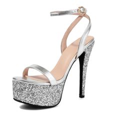 Shop Silver Glitter Platform Ankle Strap Sandals Open Toe Stiletto High Heel Sandals color Silver for Music Festival, Night Club, Party, Red Carpet with worldwide Free shipping & Free return. Holiday Sandals With Ankle Strap For Night Out, Holiday Ankle Strap Sandals For Night Out, Party Season Ankle Strap Heels With Shimmer, Holiday Evening Sandals With Round Toe, Glitter Ankle Strap Sandals For Prom, Glitter Ankle Strap Heels For Party Season, Holiday Open Toe Sandals For Night Out, Summer Shimmer Heels, Glitter High Heel Sandals For Prom