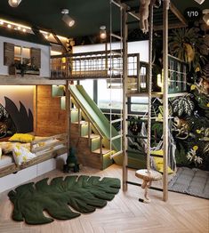 a room with bunk beds and green plants on the walls, while a slide is in the corner