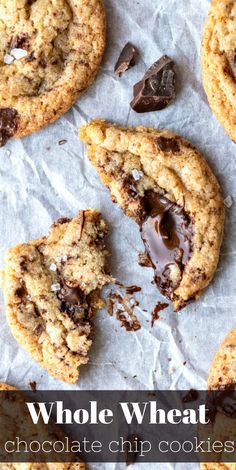 chocolate chip cookies on parchment paper with text overlay that reads whole wheat chocolate chip cookies