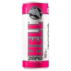 a can of zero energy drink with pink and white stripes on the bottom, in front of a white background