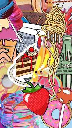 a collage of food, drink and desserts is featured in this image with an artistic twist