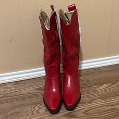 Western Boots, Size 7, Color Red Red Western Heeled Boots With Snip Toe, Fall Red High Heel Mid-calf Boots, Red High Heel Mid-calf Boots For Fall, Red Mid-calf Boots With Round Toe For Winter, Fall Boots With Red Sole And Closed Toe, Red Round Toe Mid-calf Boots For Fall, Red Wide Calf Round Toe Heeled Boots, Red Leather Wide Calf Boots, Western Style Red Leather Mid-calf Boots