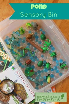 a plastic container filled with lots of different types of toys and books on top of a wooden table