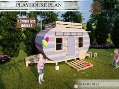 Caravan Playhouse (Tree house) Plan 15'-5'' x  7'-6'' x 7'-5''  (without railing) 470cm x 230cm x 225cm (without railing) How about making a playhouse for your children with wood or natural materials? These instructions were created for you to build an easy and affordable playhouse. WARNING! While your children are having fun, you may not be able to resist and you may want to be involved in their games. The content of the product: -Feet/inch Plans  -Metric Plans -Feet/inch lumber list and cut list -Centimetric lumber list and cut list This is an installation guide. The construction process is explained step by step. Remember, the important thing is that the product makes you happy. Lumber List and cut list are included with the product. Hardware list is not included in the product. All par Playhouse Build, Camper Playhouse, Playhouse Plan, Playhouse Plans, Tree House Plans, Cool Tree Houses, Kids Outdoor Play, Build Plans, Playhouse Outdoor