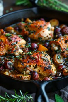 Roasted chicken thighs with vegetables and herbs in a cast iron skillet. Unique Chicken Recipes, Chicken Marbella, Spicy Chicken Tacos, Chia Seed Recipes Pudding, Plum Recipes, Crispy Baked Chicken, Balsamic Chicken, Desi Food