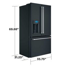 a black refrigerator freezer with measurements for the door and bottom section, showing that it is