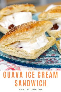 several small sandwiches on a plate with cream cheese and jelly in the middle, along with text overlay that reads guava ice cream sandwich