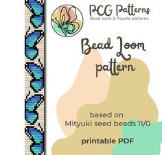 the bead loom pattern is shown in blue and beige colors, with a flower on