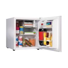 an open refrigerator with drinks and condiments in it's door, on a white background