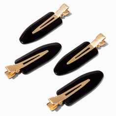 No bend, no crimp hair clips are smooth, with no grippy teeth. Use these handy clips to hold your hair back while you do your makeup, style the rest of your hair, or wash your face... they won't leave any marks or creases in your perfect hair! The set includes four gold-tone metal and black plastic clips. Pack Size: 4 Length: 2.5 in. / 6.35 cm. Material: Plastic, Metal - Claire's Black & Gold No Crease Hair Styling Clips - 4 Pack Hair Clips No Crease, Makeup Hair Clips, Crimp Hair, Makeup Clips, Hair Clips Gold, Black Hair Clips, Hair Business, Gold Hair Clips, Crimped Hair