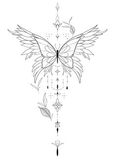 a black and white drawing of a butterfly with wings on it's back side