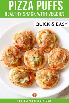 small pizza puffs on a white plate with text overlay that reads, healthy snack with veggies quick and easy