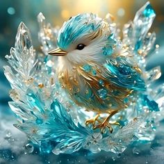 a blue and white bird sitting on top of snow covered ground next to crystal leaves