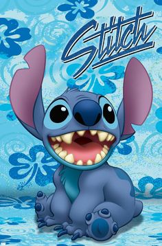 an image of stitch with the name stitch on it's chest and smiling, blue background