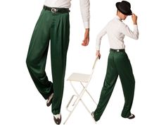 Men Argentine Tango pants, Men latin dance pants, Forest green men pants, Men wide formal pants, Men wedding guest pants, Men trousers Forest Green Crepe Satin Tango Pants With Four Pleats Fine quality satin dress pants with pleated front. Light, soft and comfortable is a great choice for dancing and for formal events. Make a bold fashion statement with this pair of pants in a forest green color that complements a unique sense of style. The eye-catching pattern is sure to stand out from the crow Formal Green Wide Leg Bottoms, Formal Green Wide-leg Bottoms, Green Formal Full-length Bottoms, Green Wide Leg Formal Bottoms, Formal Green Full-length Bottoms, Green Full Length Formal Bottoms, Formal Green Straight Pants, Green Trousers For Formal Occasions, Green Full-length Dress Pants For Formal Occasions