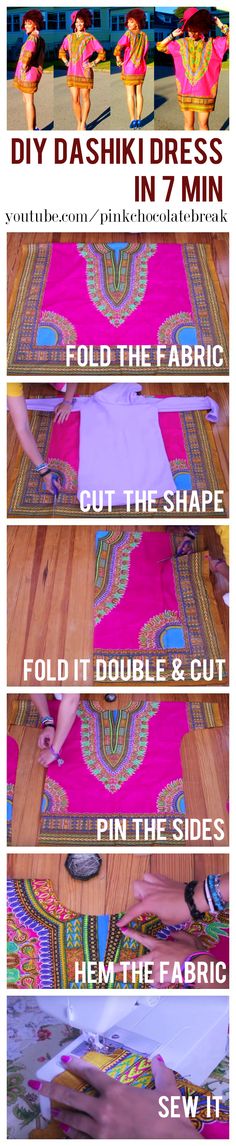 Learn how to make a DIY dashiki step by step in 7 min. Watch the full tutorial here https://diyclotheswithjocy.vhx.tv/updates/diy-dashiki-dress-in-7-min #sewing #diyclothes #dashiki Sewing African Clothes, Easy Diy African Attire, Adinkra Cloth, Dashiki Dress, Diy Vetement, Creation Couture, Diy Dress