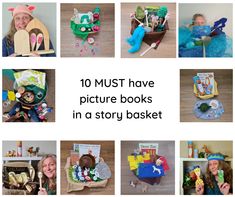 there are many pictures of children's books in a story basket