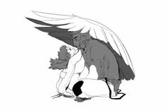 an angel kneeling down next to a man with wings spread over his head and feet