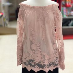 Charming Off The Shoulder Top With A Modesty Undershirts Laced Embroidered. A Blush Pink Color. Pink Long Sleeve Lace Top For Summer, Casual Pink Lace Blouse, Casual Pink Lace Tops, Shoulder Top, Pink Color, Blush Pink, Off The Shoulder, Womens Tops, Lace