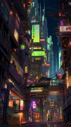 an image of a city at night with neon lights